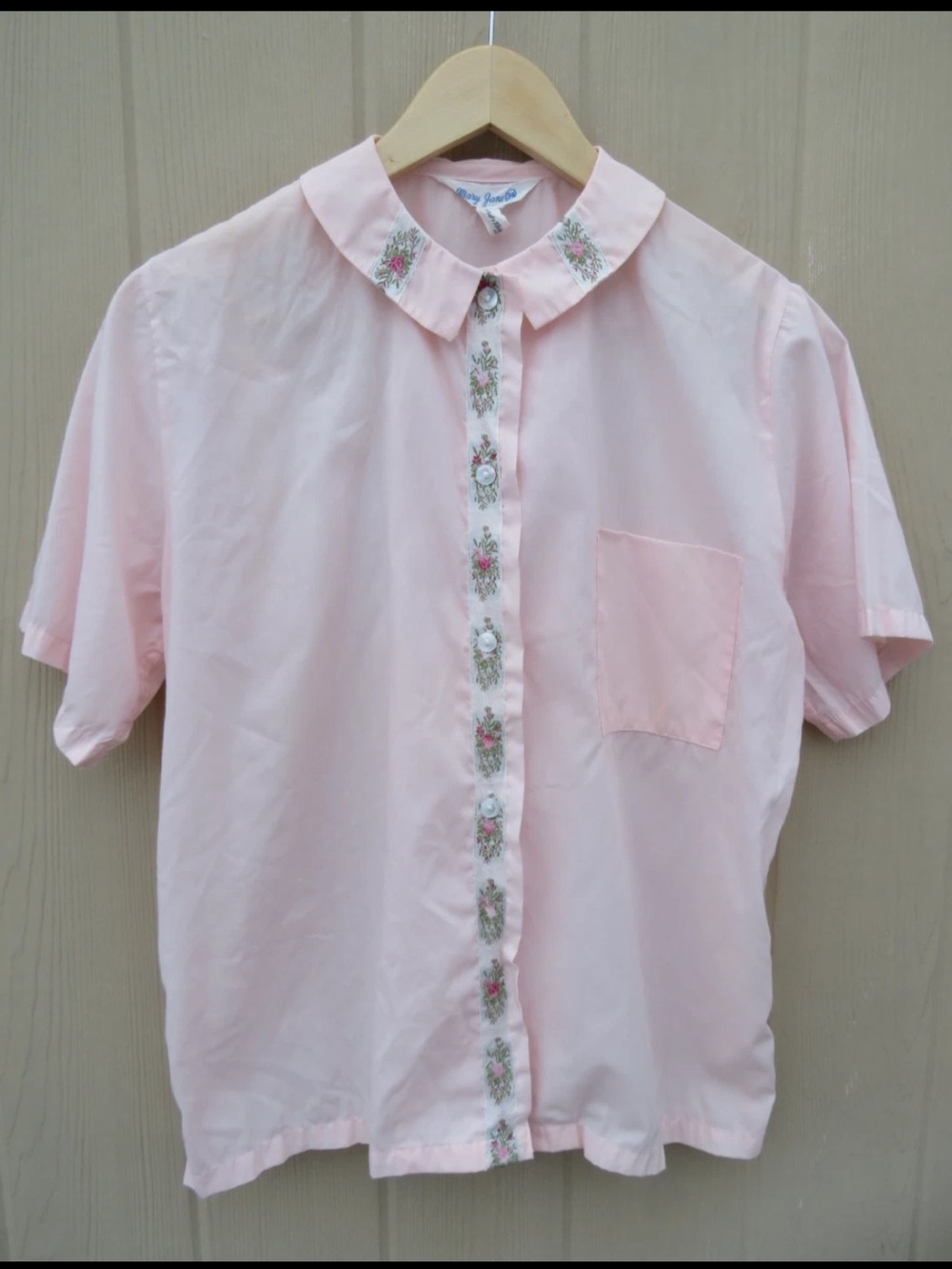 60s Mary Jane Pale Pink Short-Sleeve Button-Down with Floral Trim